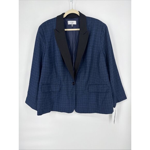 Le Suit Plus Size 20 Contrast-Collar Windowpane Check Jacket Celeste Blue Multi - Picture 5 of 10